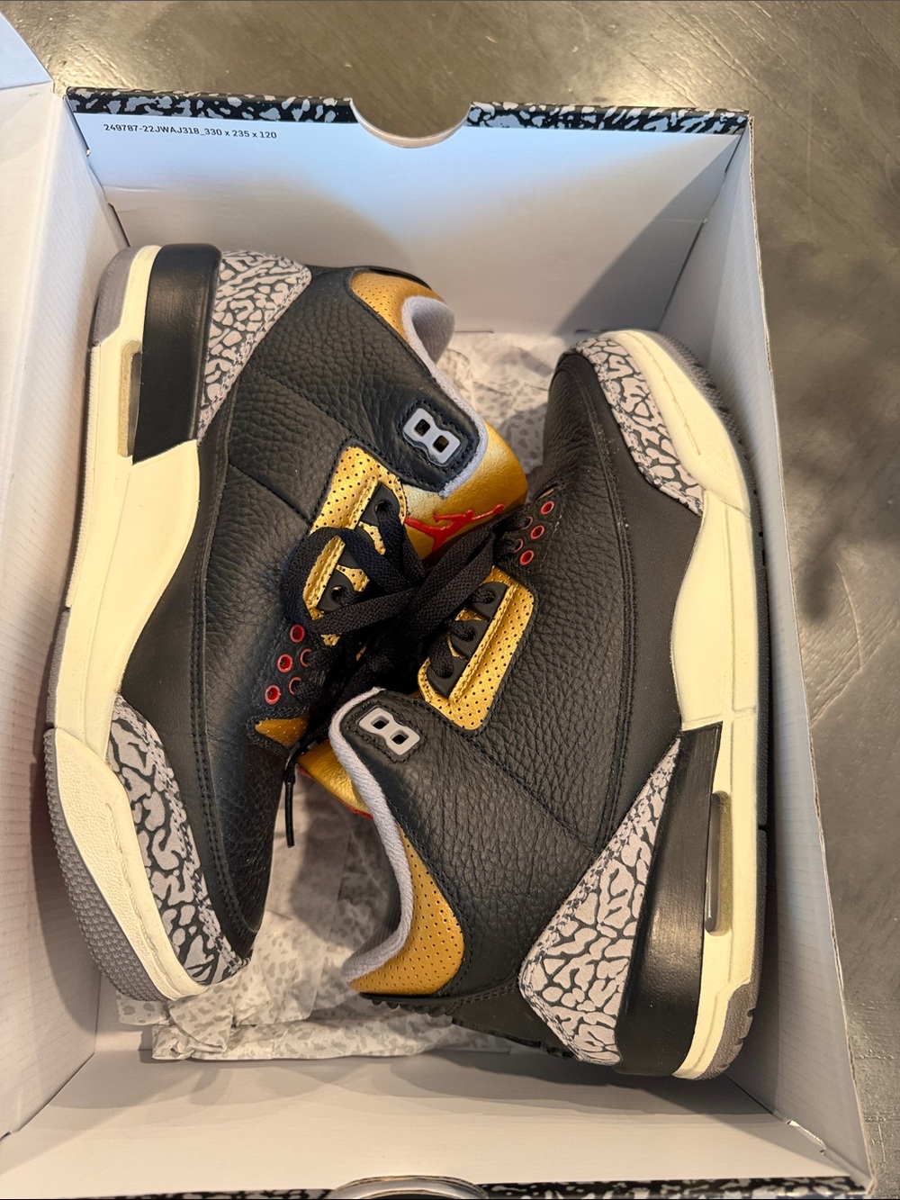 Women’s Jordan 3 Black & Gold Retro Sneakers with Elephant Print